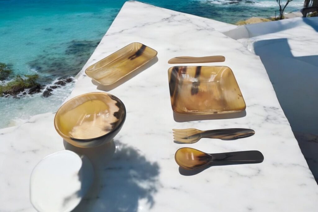 vesela din corn de bivol, tacamuri din corn de bivol, set vesela si tacamuri din corn de bivol, bol corn bivol, farfurie corn bivol, platou corn bivol, lingura corn bivol, cutit corn bivol, furculita corn bivol